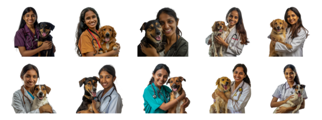 Set of Smiling Indian female veterinarian holding a dog in a clinic setting isolated transparent PNG background