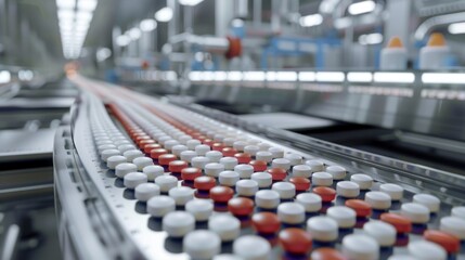 Fototapeta premium pharmaceutical pills production line, light backdrop