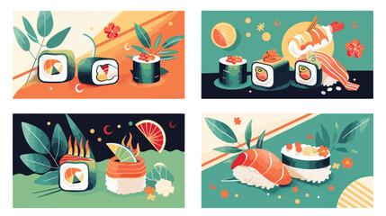 Sushi cards designs Four. Asian cuisine bar Japanes
