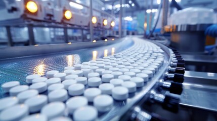 Obraz premium pharmaceutical pills production line, light backdrop