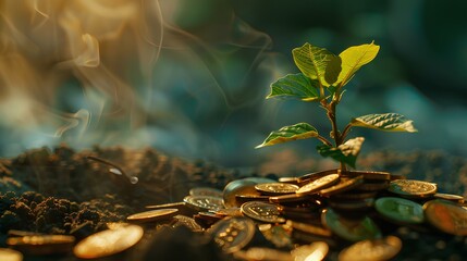 Fototapeta premium A sprouting plant growing from a pile of coins, symbolizing financial growth and investment