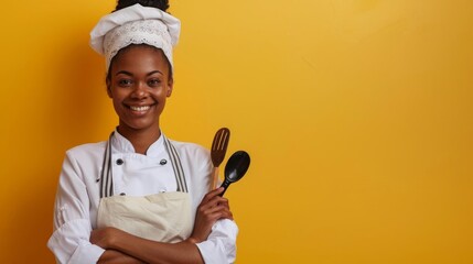 Female chef in her kitchen attire holding cooking utensils, presented against a yellow backdrop that pops