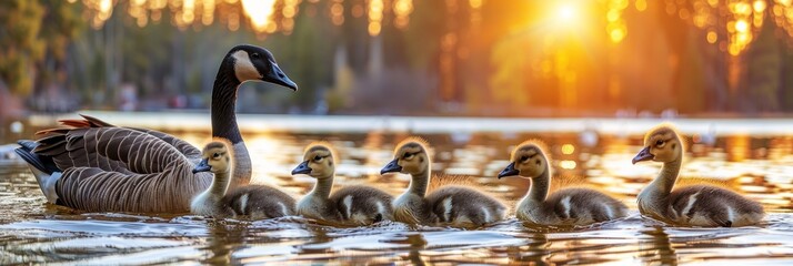 Adorable goose family with goslings swimming together in the water horizontal banner