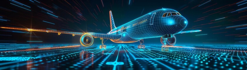 Abstract digital aviation concept with a wireframe airplane and glowing blue lines