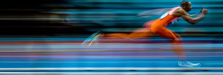 Close-up of athlete sprinting in intense race. Sports banner for sprinting athletes.