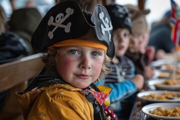 Piratethemed birthday on a boat, with treasure hunts, pirate flags, and costume eye patches