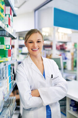 Woman, portrait and pharmacist with arms crossed for healthcare purchase, professional or...