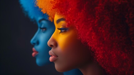 Fototapeta premium Two black women standing in front of a black background, both with vibrant and colorful afros