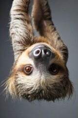 Naklejka premium Experience the whimsy of a sloth hanging upside down with a charmingly goofy expression on its face.