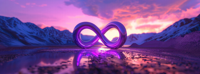 **3D rendering of a purple infinity symbol glowing with an inner light, floating on the ground with...