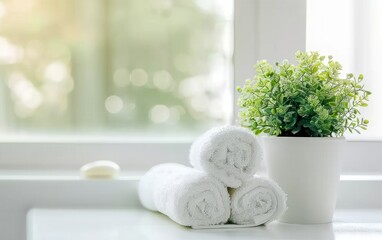 Tranquil Bathroom Setting with Towels and Plant