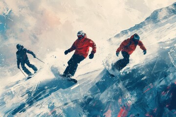 Trio of skiers carving through the fresh snow on a mountain, captured in dynamic motion