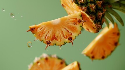 Pineapples Halved, Ripe Orange, Floating in Air Against Green Background