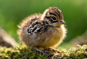 Japanese Quail Chick stand in a natural environment of dirt and foliage