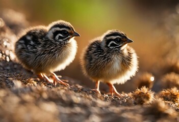 Fototapeta premium Quail Chicks stand in a natural environment of dirt and foliage