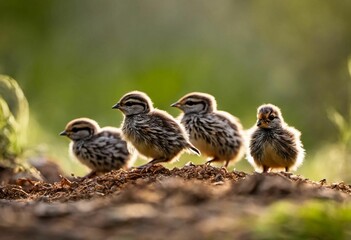 Quail Chicks stand in a natural environment of dirt and foliage © Wirestock