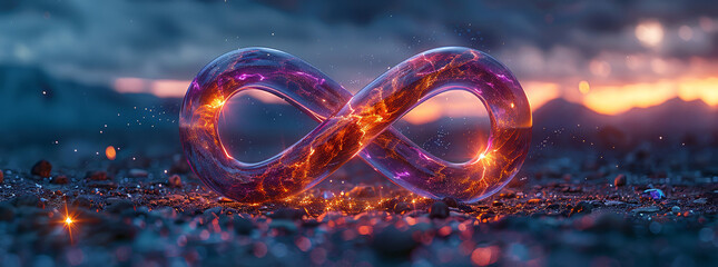 a purple infinity symbol glowing with an inner light, floating on the ground with mountains in the background, lit by a sunset, highly detailed, hyper realistic, cinematic in style. 