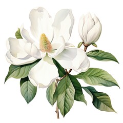 Fototapeta premium A watercolor illustration of large, white magnolia blossoms with glossy green leaves. The design is classic and elegant.