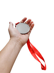 Holding a silver medal, winner, white background