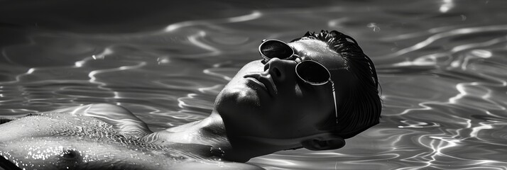 Black and white photo of man relaxed on water in sunglasses, summer vacation leisure concept. Banner