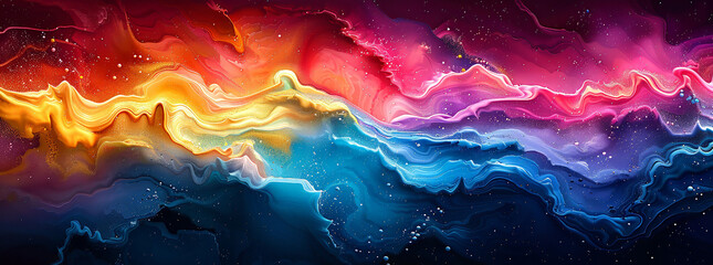 Abstract colorful background with swirling liquid paint and vibrant colors, psychedelic pattern in bright hues of blue, pink, orange, yellow, purple, red, green, and white.