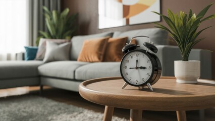 Naklejka premium Boho interior design of modern living room, home. Close up of alarm clock on round wooden table near sofa.