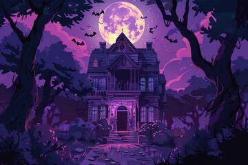 Halloween background with a house and various evil spirits