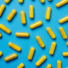 yellow colored vitamin capsules, scattered on a blue background for realistic photography