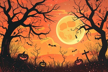 Halloween night background with full Moon and pumpkins, illustration