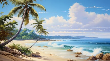 Fototapeta premium Tranquil tropical beach with palm trees, sandy shore, gentle waves, perfect vacation scene