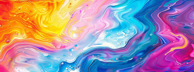 Abstract colorful background with swirling liquid paint and vibrant colors. A fluid, psychedelic pattern in bright hues of blue, pink, orange, yellow, purple, red, green, and white. 