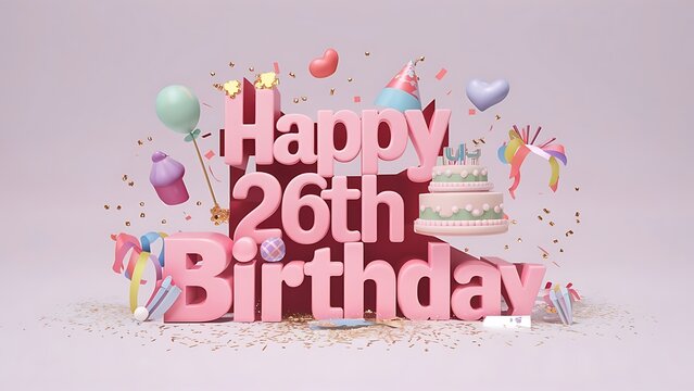 Minimalist 3D Happy 26th Birthday Background With Balloons , Hearts, Confetti And Candles, Happy Birthday Background