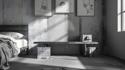 Wooden bench and boxes in monochromatic bedroom interior with drawings on concrete wall above bed : Generative AI