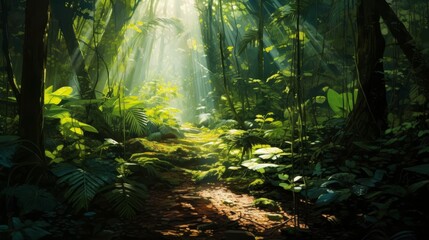 Sunlight filtering through lush green foliage in tropical jungle, casting dappled shadows
