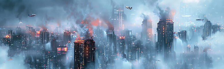 a futuristic abstract artwork depicting a bustling cityscape with skyscrapers and flying vehicles...