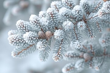Pine Tree Covered in Snow: Winter scene with snow-laden branches. 