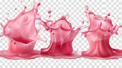 Splash of juice or pink water isolated on transparent background. Modern realistic set of translucent liquid waves of falling and flowing translucent red drinks, strawberry juice, and rose wine.