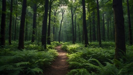Obraz premium pathway in green wild forest background. woods background
