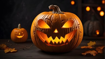 Pumpkin Carved for Halloween. Jack O' Lantern's grin. pumpkin-themed décor. Have a happy Halloween.