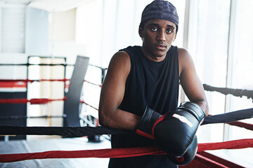 Black man, boxer and portrait for training, exercise or fitness workout ready for fight at gym....