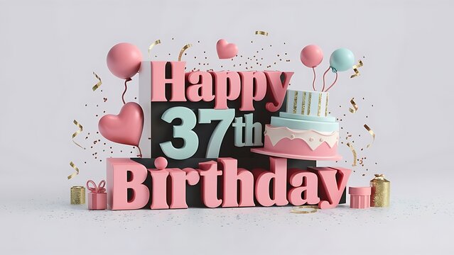 Minimalist 3D Happy 37th Birthday Background With Balloons , Hearts, Confetti And Candles, Happy Birthday Background