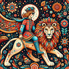 Obraz premium Prince riding a lion in the forest.