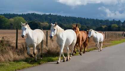 Obraz premium Harmony in Motion: Horses Ambling Along a Country Road horse, animal, horses, farm, grass, nature, field, white, grazing, green, mammal