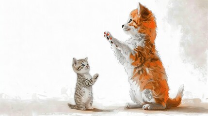   A drawing of a cat and kitten playing, with kitten standing on hind legs in red and white