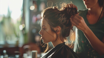 Girl at the hairdresser making a bun