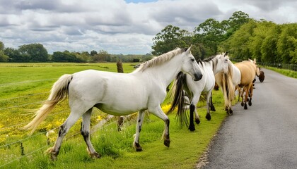 Obraz premium Harmony in Motion: Horses Ambling Along a Country Road horse, animal, horses, farm, grass, nature, field, white, grazing, green, mammal