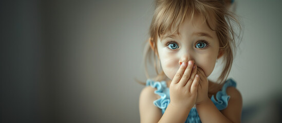 Little girl with blue eyes and blue dress covering her nose and mouth with her hands