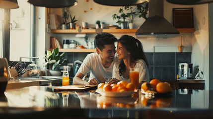 Smiling Asian couple sitting in the kitchen