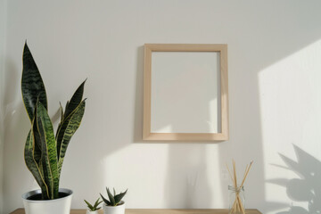 Mock up poster frame on a wall with indoor plants. Modern home decor. Template. Scandinavian interior design.