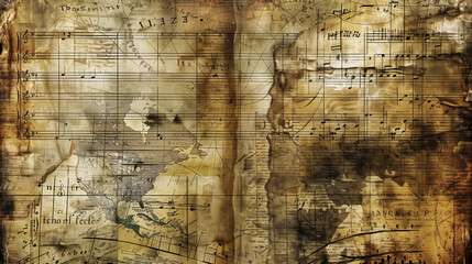 Background textured with old maps, sheet music, or vintage photographs.